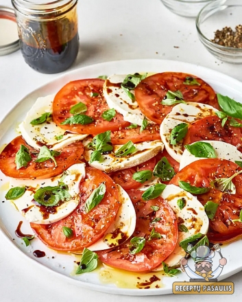 Itališkos salotos "Caprese salad" su mocarela ir pomidorais