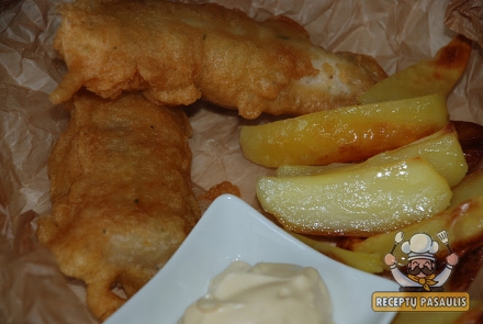 Fish chips - kepta žuvis traškioje tešloje su mineraliniu pagal Beatą
