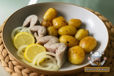 Švelniai marinuota skumbrė su citrinomis ir orkaitėje keptomis bulvytėmis