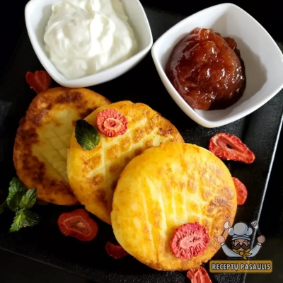 Purūs keptuvėje kepti varškėčiai su bananais