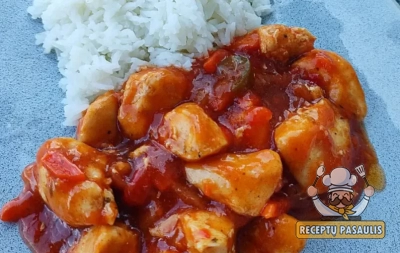 Saldžiarūgštė vištiena su morkomis ir paprikomis