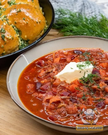 Tikri ukrainietiški barščiai su mėsa ir rūkyta šonine