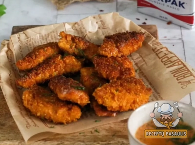 Kepta traški žuvies filė su kukurūzų dribsniais (corn flakes)