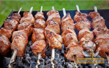 Kiaulienos kumpio šašlykas su majonezu, svogūnais ir pomidorų padažu