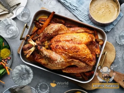 Keptas kalėdinis kalakutas orkaitėje su obuolių ir slyvų įdaru