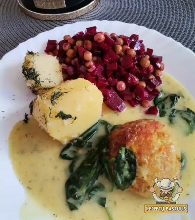 Sultingi žuvies kotletai su špinatų grietinėlės padažu ir virtomis bulvėmis