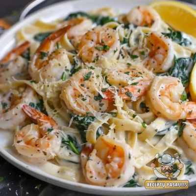 Krevetės grietinėlės padaže su česnaku ir baltu sausu vynu