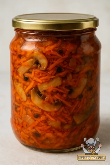 Marinuoti grybai žiemai su morkomis ir pomidorų padažu
