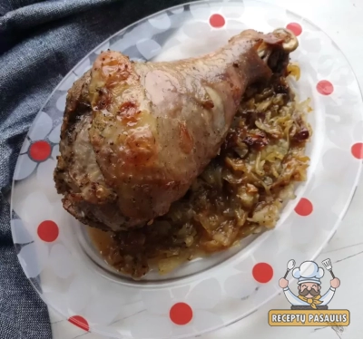 Orkaitėje kepta kalakuto blauzdelė su svogūnais