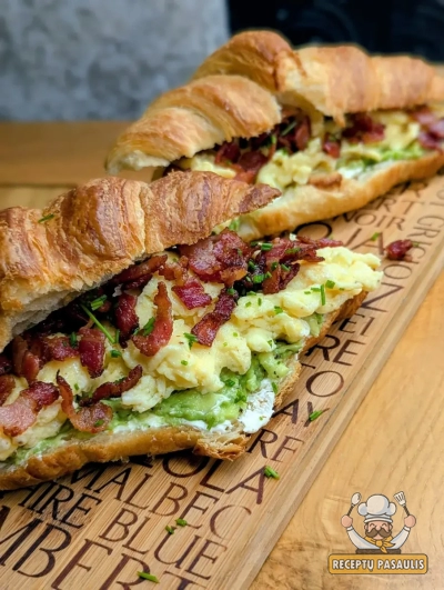 Kruasano sumuštinis su kiaušiniene, šonine ir avokadu