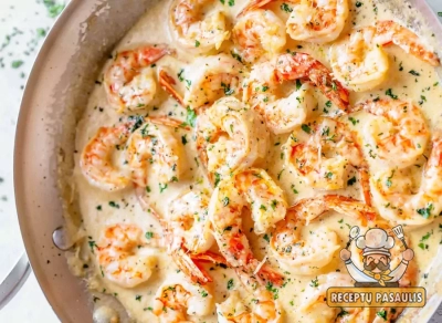 Virtos mažosios krevetės grietinėlės padaže su česnakais ir baltu vynu