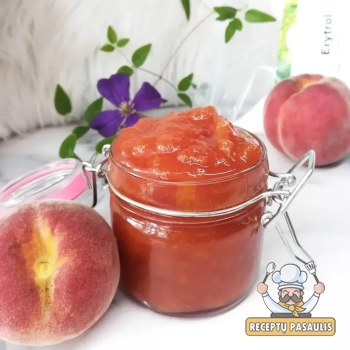 Paprastas persikų džemas su cukrumi ir citrinos rūgštimi