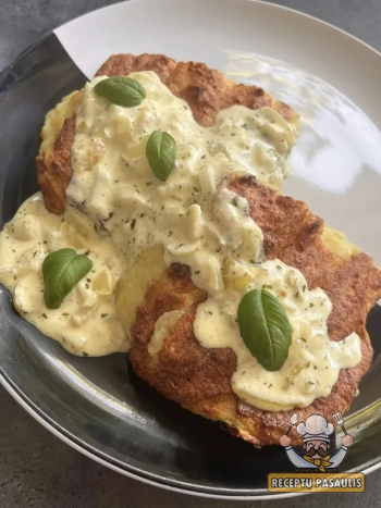 Bulvių plokštainis (kugelis) su vištiena ir plikytu pienu