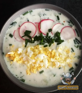 Balti šaltibarščiai su česnaku ir ridikėliais (be burokėlių)