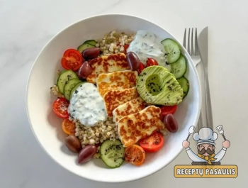 Perlinio kuskuso salotos su keptu halloumi sūriu ir gaiviu jogurto padažu