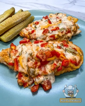 Vištienos kepsniukai pataluose su paprikomis ir mocarela