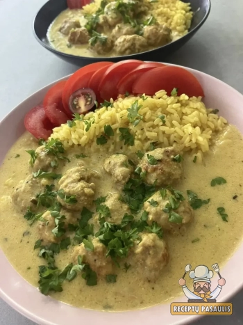 Sultingi kiaulienos kukuliukai su karį padažu ir obuolių sultimis