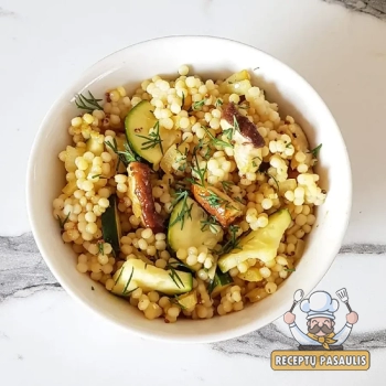 Perlinis kuskusas su baravykais, cukinija ir ghee svieste keptomis daržovėmis