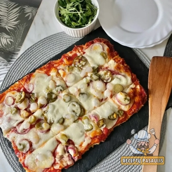 Greita varškinė picos tešla su kepimo milteliais, be mielių