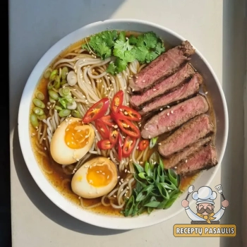 Ramen sriuba su antiena su Noodles makaronais ir virtais kiaušiniais