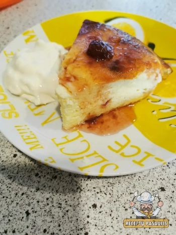 Purus varškės apkepas su pienu ir manų kruopomis