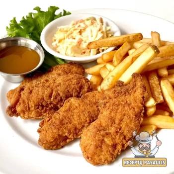 Vištienos piršteliai kvietinių miltų tešloje, kepti keptuvėje