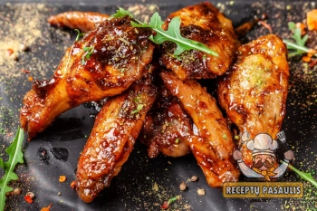 Paprasti vištienos sparneliai su sojų padažu, medumi ir česnakais, kepti orkaitėje