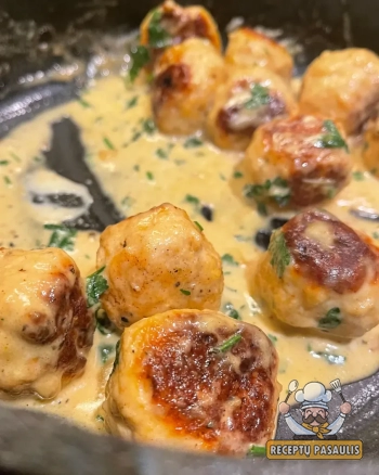 Purūs vištienos kukuliai sūrio ir grietinėlės padaže